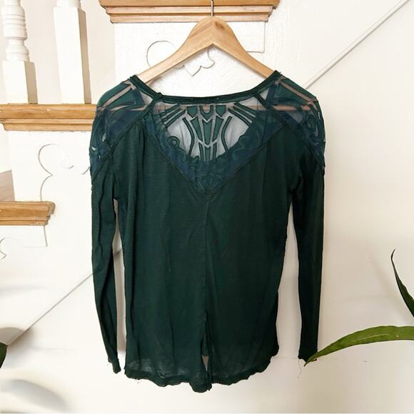 Free People The Gatsby Long Sleeve Top Green Mesh Detail Scoop Neck Size S - Picture 6 of 8